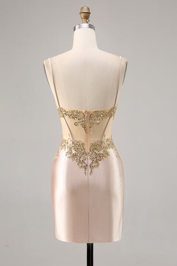 Champagne Satin Corset Homecoming Dress with Sequins